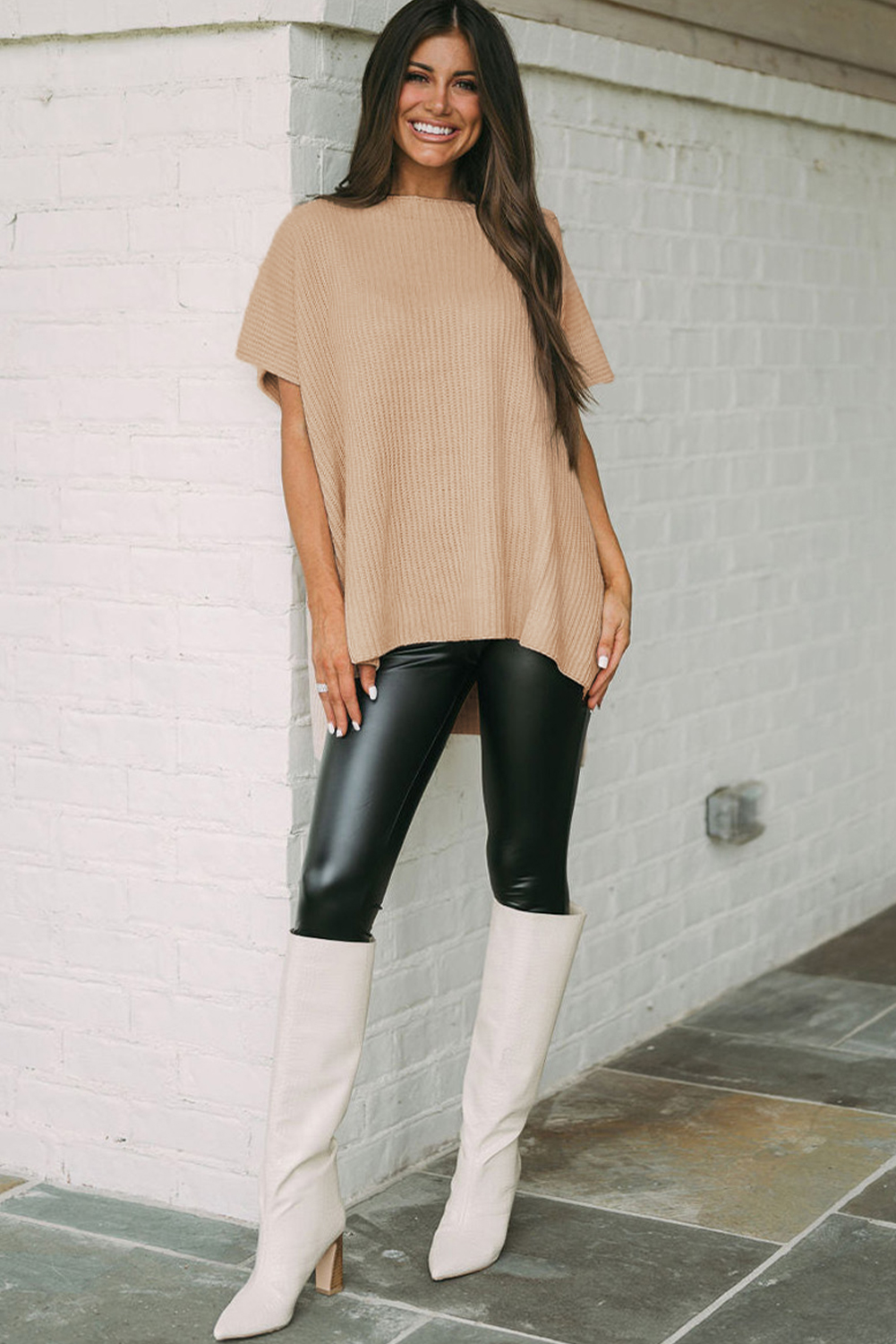 Chic and Cozy: Oversized Apricot Sweater with Wide Short Sleeves - Detail View 7 Chic and Cozy: Oversized Apricot Sweater with Wide Short Sleeves - Detail View 7
