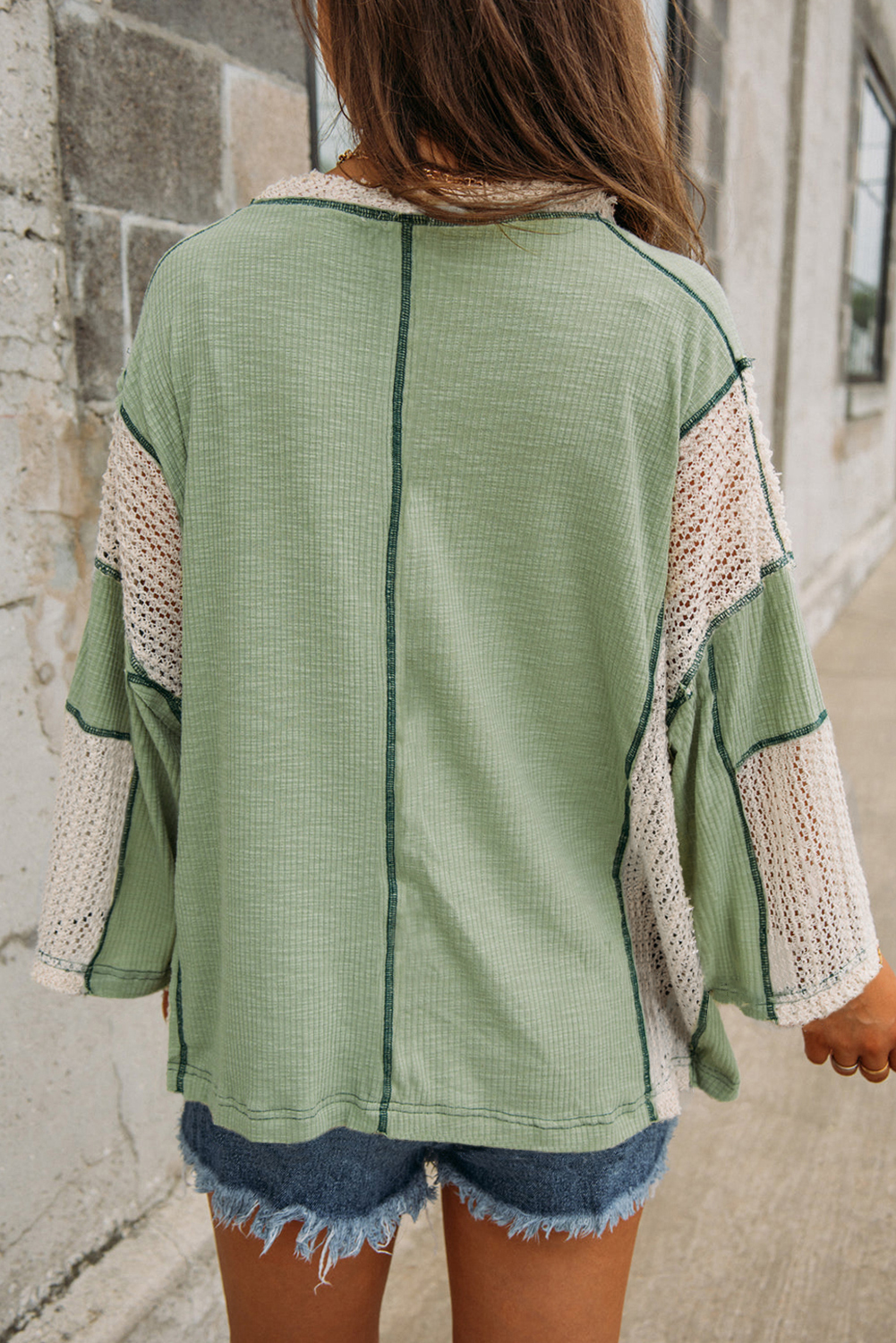 Stylish and Feminine Long Sleeve Top with High Low Design and Colorblock Details - Grass Green - Detail View 3 Stylish and Feminine Long Sleeve Top with High Low Design and Colorblock Details - Grass Green - Detail View 3