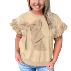 Women's Plus Size Parchment Ruffled Short Sleeve Top with Bowknot Applique - Main View
