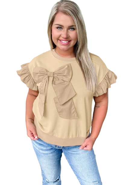 Women's Plus Size Parchment Ruffled Short Sleeve Top with Bowknot Applique - Main View Women's Plus Size Parchment Ruffled Short Sleeve Top with Bowknot Applique - Main View