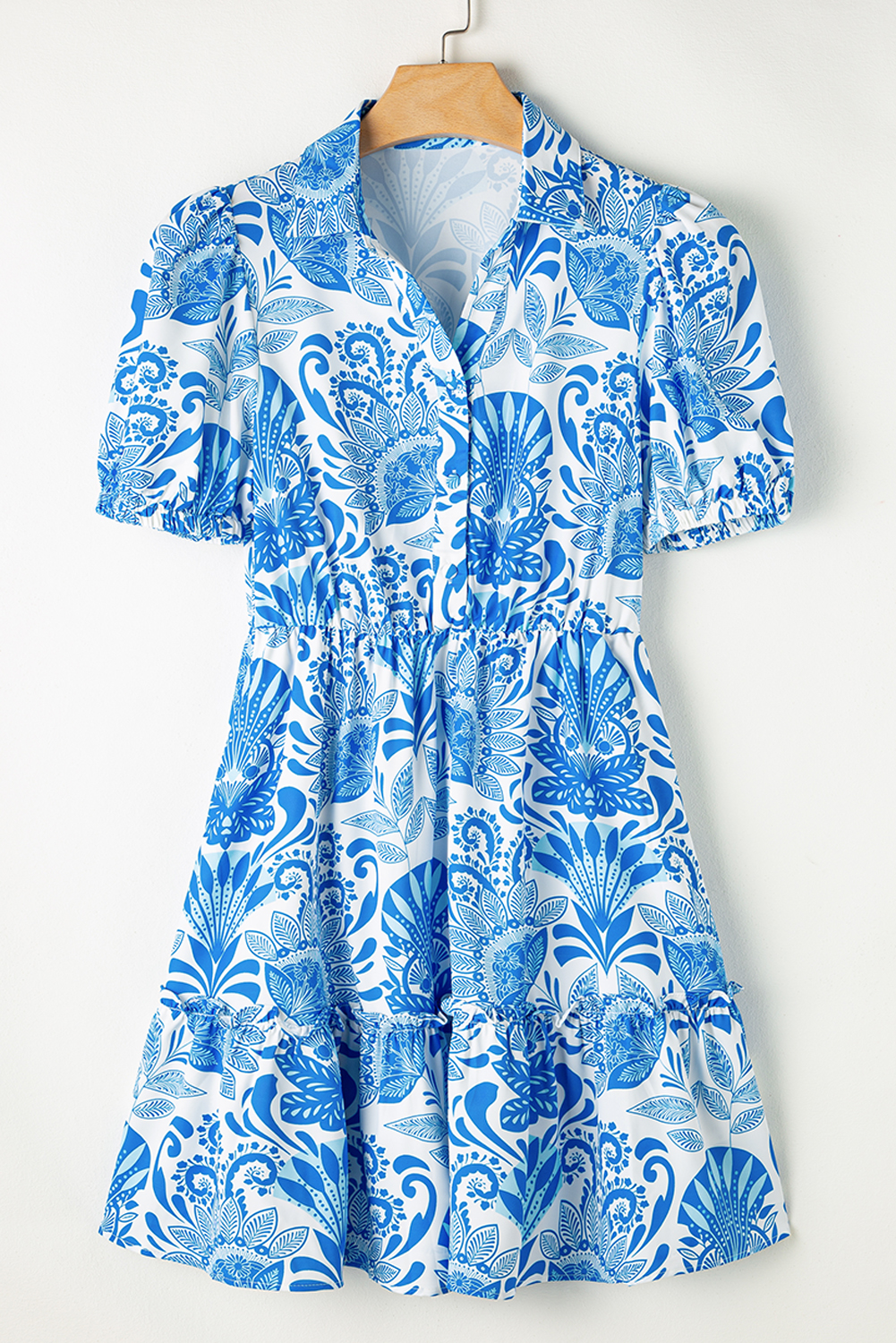 Women's Sky Blue Retro Floral Print Ruffled Mini Dress with Drawstring Waist - Detail View 6 Women's Sky Blue Retro Floral Print Ruffled Mini Dress with Drawstring Waist - Detail View 6