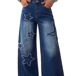 Women's Star Patch Wide Leg Jeans, High Waisted Denim Pants - Main View