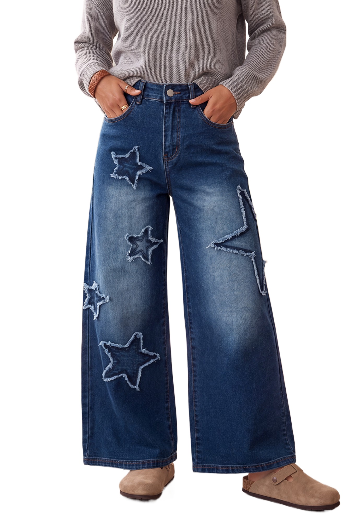 Women's Star Patch Wide Leg Jeans, High Waisted Denim Pants - Main View Women's Star Patch Wide Leg Jeans, High Waisted Denim Pants - Main View