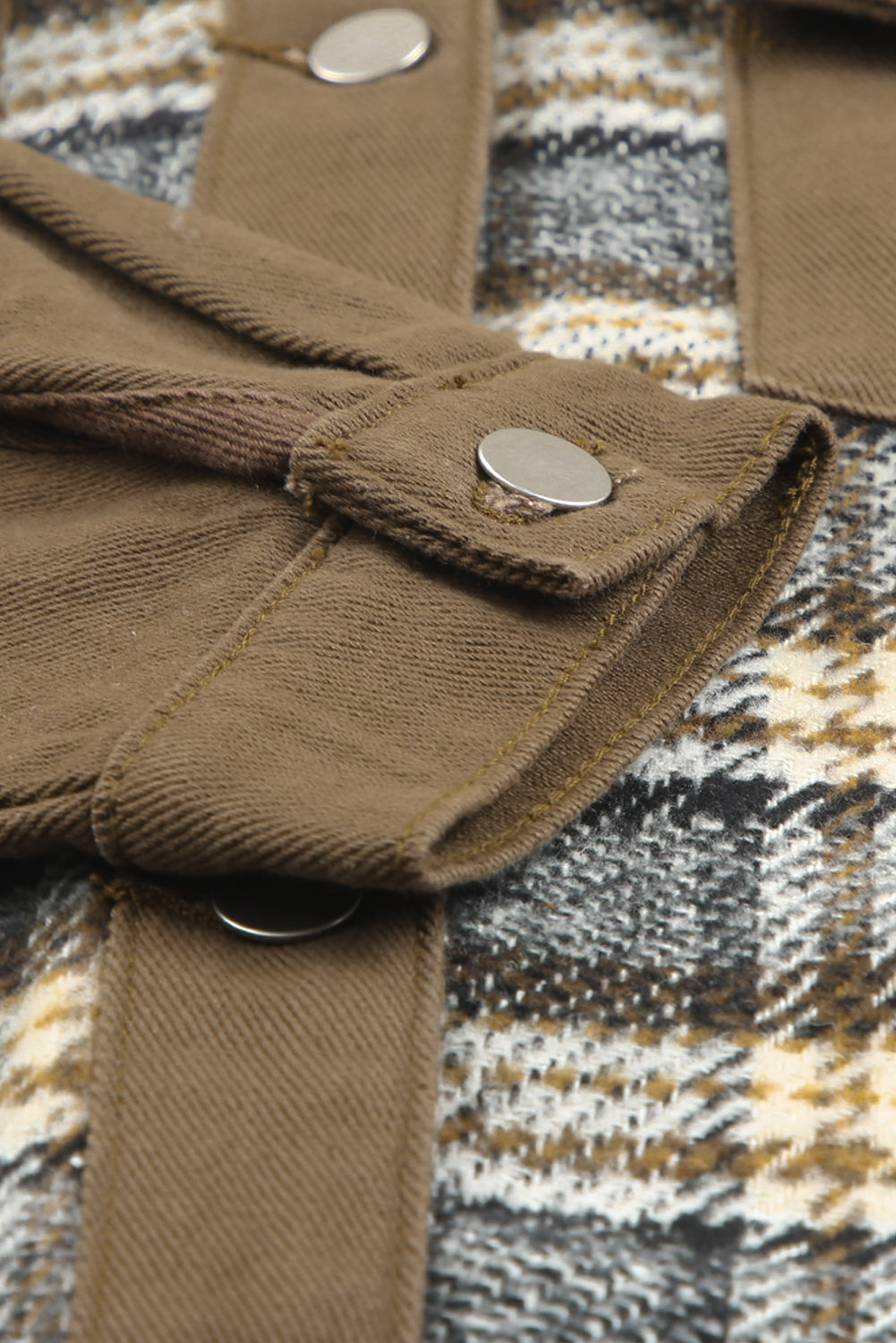 Women's Brown Plaid Denim Jacket, Chic Patchwork Shacket - Detail View 10 Women's Brown Plaid Denim Jacket, Chic Patchwork Shacket - Detail View 10