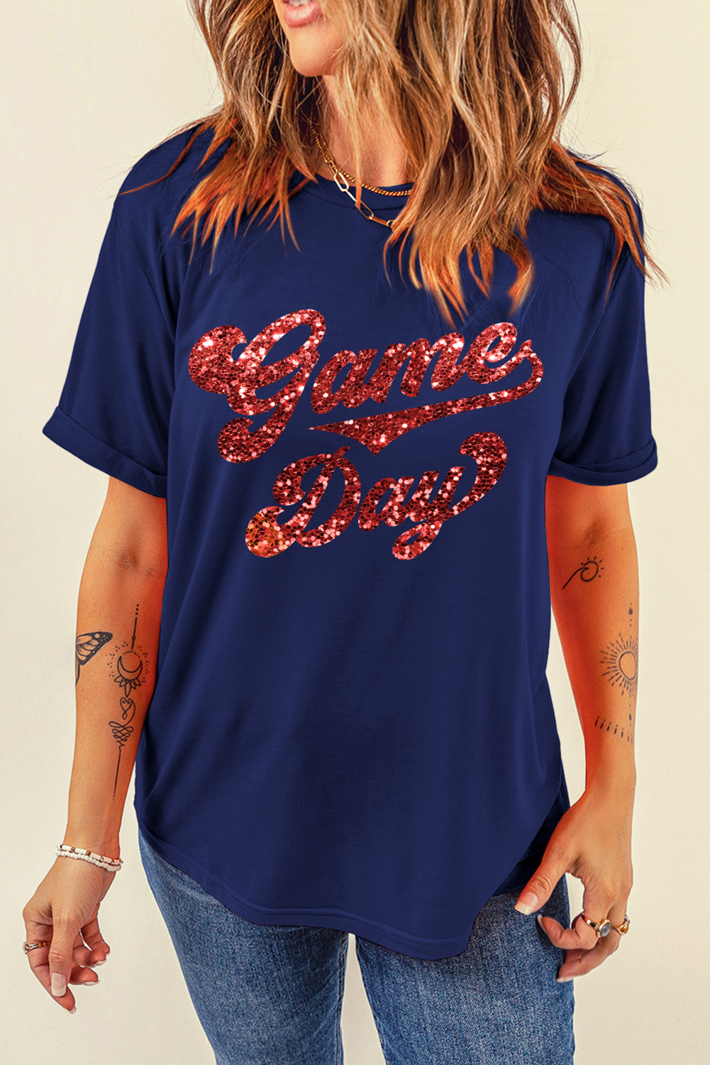 Comfortable and Durable Blue Graphic T-Shirt with Glitter - Perfect for Sports Fans - Detail View 3 Comfortable and Durable Blue Graphic T-Shirt with Glitter - Perfect for Sports Fans - Detail View 3