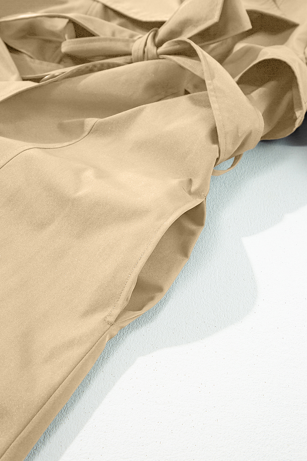 Elegant Long Sleeve Pale Khaki Duster Coat with Waist Tie and Button Closure - Detail View 10 Elegant Long Sleeve Pale Khaki Duster Coat with Waist Tie and Button Closure - Detail View 10