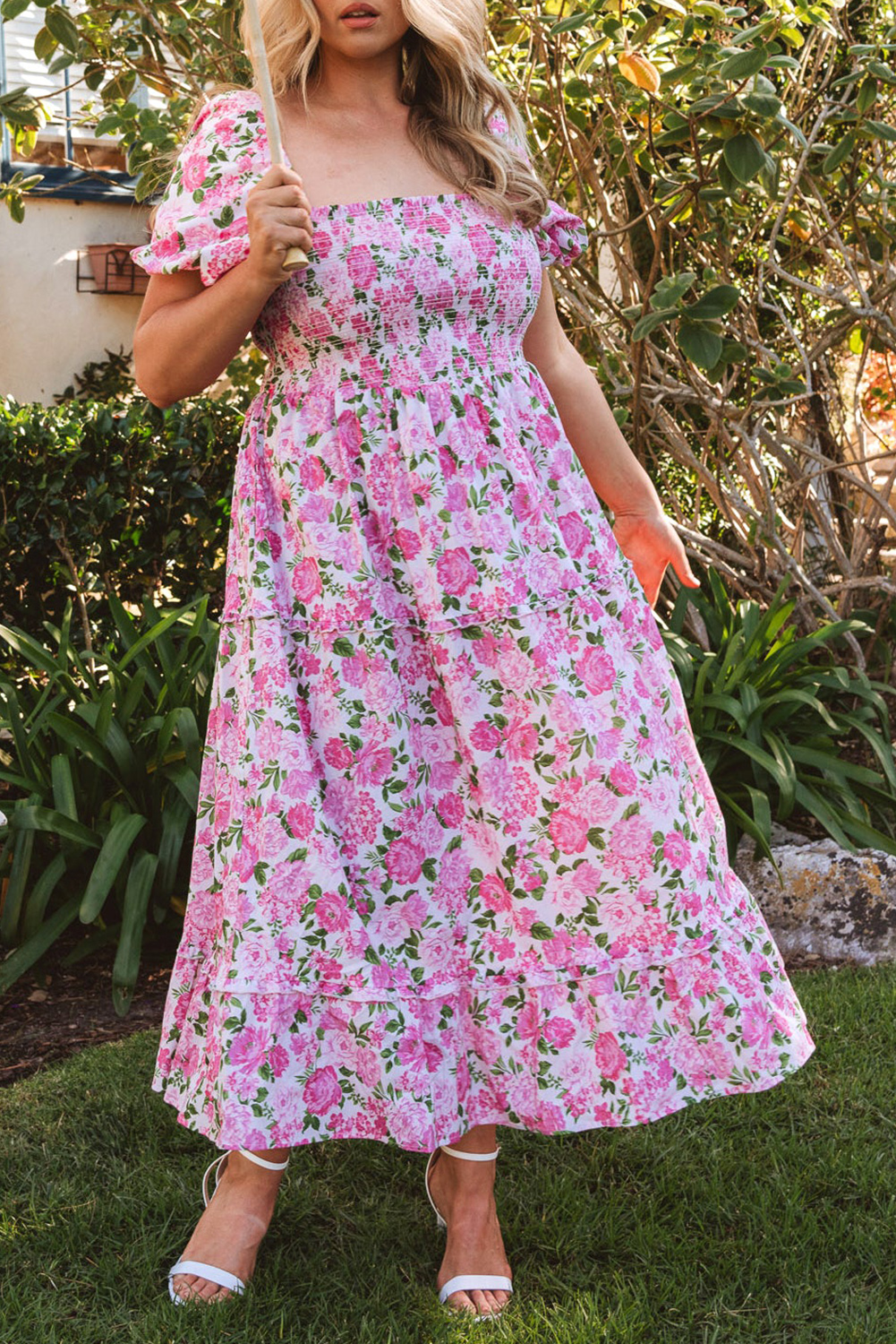 Flattering Plus Size Pink Floral Maxi Dress with Smocked Panel - Detail View 2 Flattering Plus Size Pink Floral Maxi Dress with Smocked Panel - Detail View 2