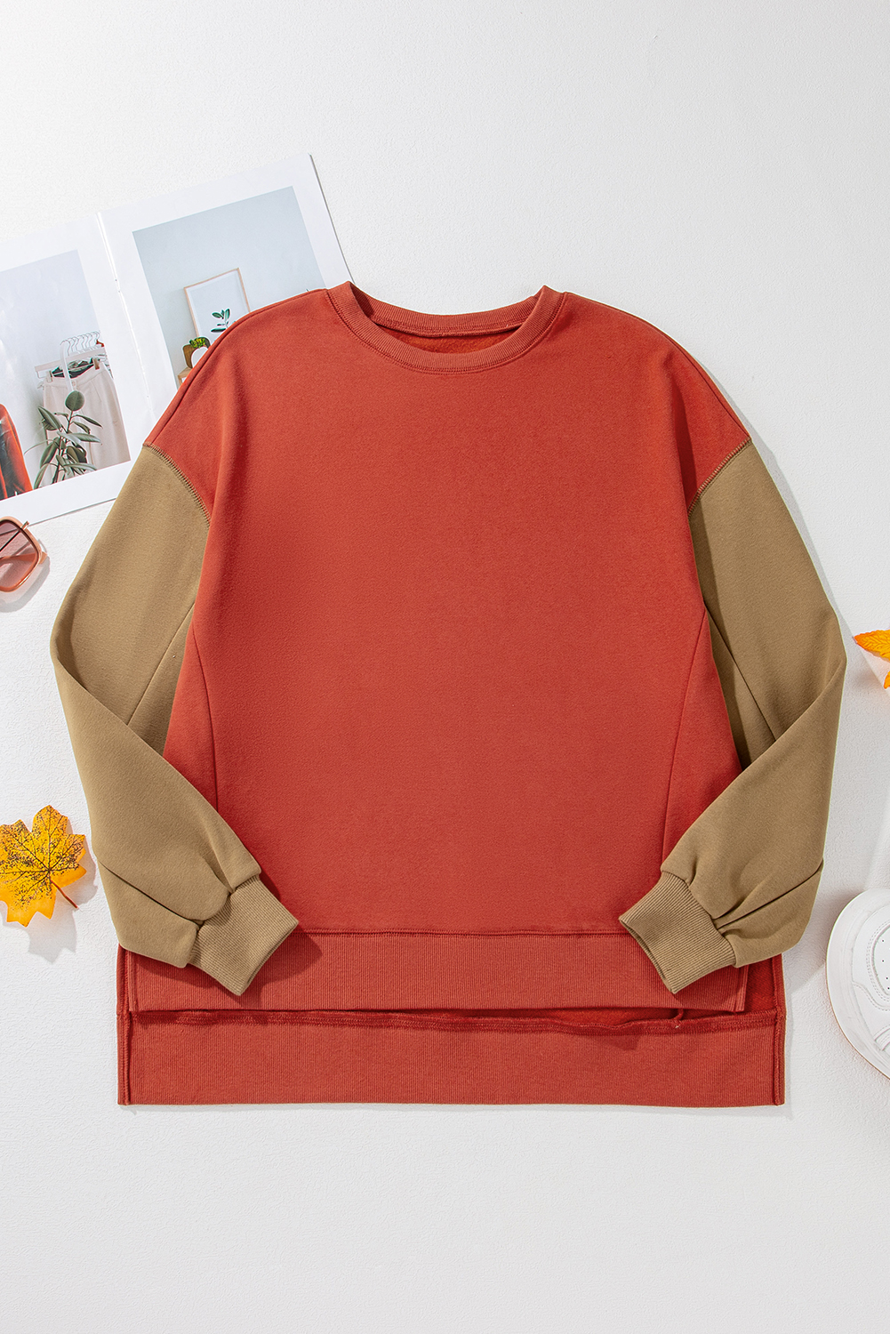 Women's Gold Flame Two Tone Patchwork Drop Shoulder Pullover Sweatshirt - Detail View 6 Women's Gold Flame Two Tone Patchwork Drop Shoulder Pullover Sweatshirt - Detail View 6