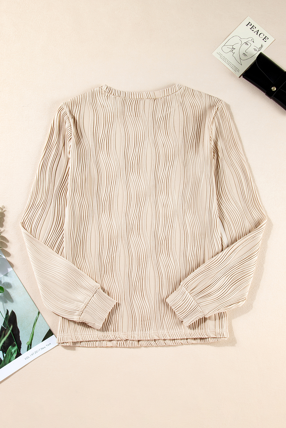 Classic Round Neck Textured Wavy Long Sleeve Top in Apricot - Detail View 7 Classic Round Neck Textured Wavy Long Sleeve Top in Apricot - Detail View 7