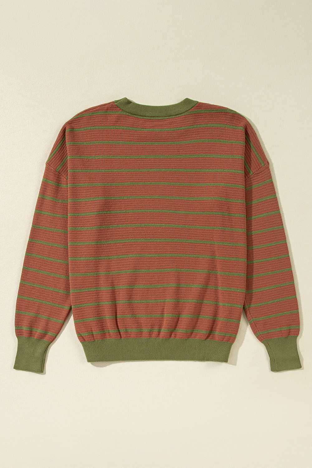 Casual and Cozy Women's Sweater - Brown Stripe with Round Neck and Drop Shoulder - Detail View 7 Casual and Cozy Women's Sweater - Brown Stripe with Round Neck and Drop Shoulder - Detail View 7