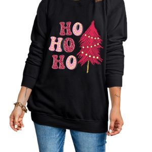 Women's Black HO HO HO Christmas Tree Graphic Pullover Sweatshirt - Main View