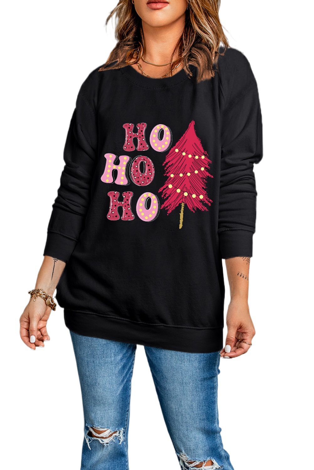 Women's Black HO HO HO Christmas Tree Graphic Pullover Sweatshirt - Main View Women's Black HO HO HO Christmas Tree Graphic Pullover Sweatshirt - Main View