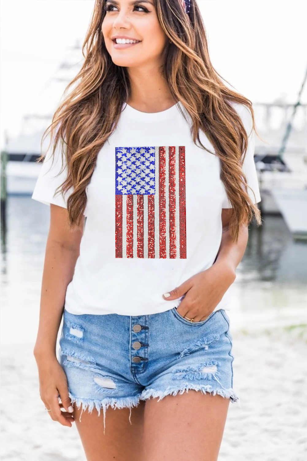 Women's Sequin Flag Graphic Tee, Round Neck Casual Summer Shirt - Detail View 3 Women's Sequin Flag Graphic Tee, Round Neck Casual Summer Shirt - Detail View 3