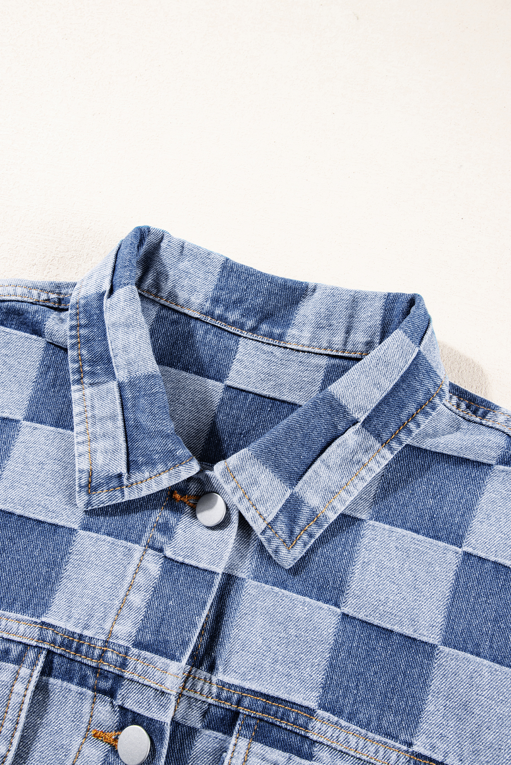 Women's Denim Jacket, Light Blue, Checkered Patchwork, Button-Up, Long Sleeve, Casual Style, Fall & Autumn Wear, Two-Tone Pattern, Flap Pockets, Practical, Trendy, Versatile, Outerwear, Plaid Pattern - Detail View 10 Women's Denim Jacket, Light Blue, Checkered Patchwork, Button-Up, Long Sleeve, Casual Style, Fall & Autumn Wear, Two-Tone Pattern, Flap Pockets, Practical, Trendy, Versatile, Outerwear, Plaid Pattern - Detail View 10