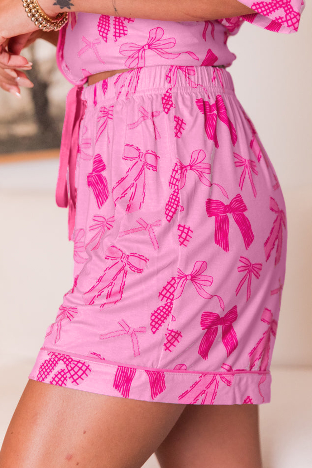Charming Pajama Set for Women - Cute Bow Print with Half Sleeves and Shorts - Detail View 6 Charming Pajama Set for Women - Cute Bow Print with Half Sleeves and Shorts - Detail View 6