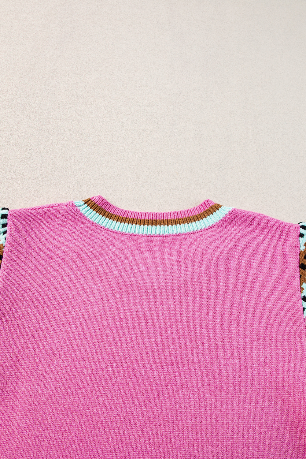 Women's Bright Pink Short Sleeve Colorblock Crewneck Sweater - Detail View 11 Women's Bright Pink Short Sleeve Colorblock Crewneck Sweater - Detail View 11