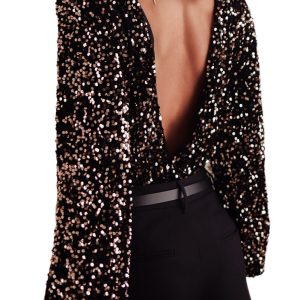 Women's Black Sequin High Neck and Puff Sleeve Bodysuit with Deep V Back - Main View