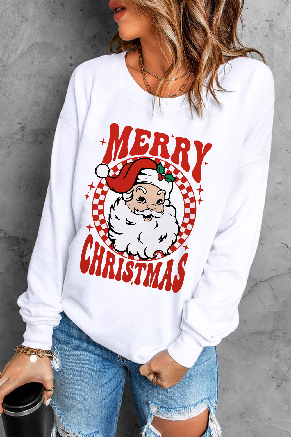Soft and Warm Graphic Sweatshirt for the Holiday Season: Beige Christmas Claus Print - Detail View 8 Soft and Warm Graphic Sweatshirt for the Holiday Season: Beige Christmas Claus Print - Detail View 8