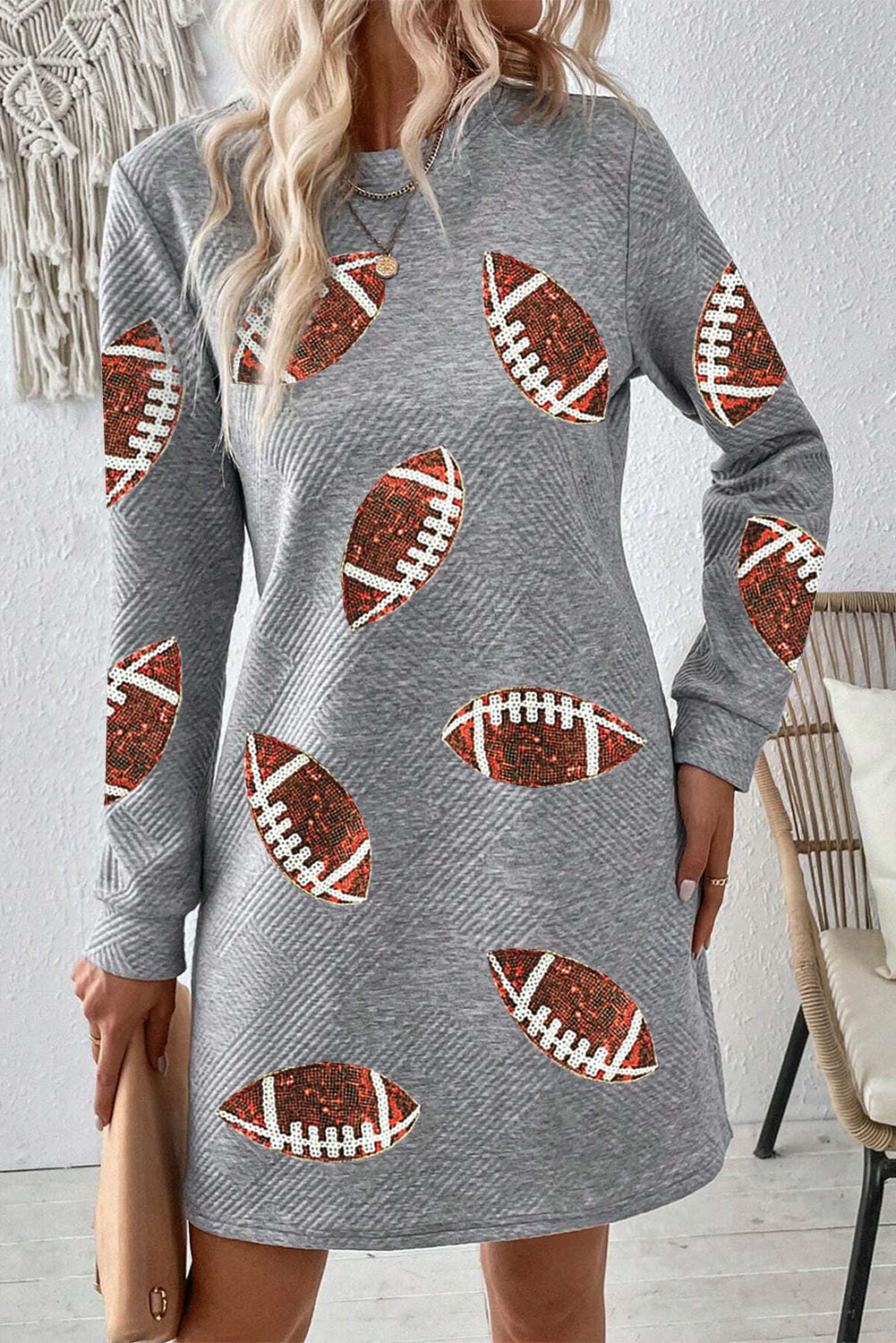Women's Long Sleeve Shift Dress, Gray Geometric Sequin Print - Detail View 3 Women's Long Sleeve Shift Dress, Gray Geometric Sequin Print - Detail View 3