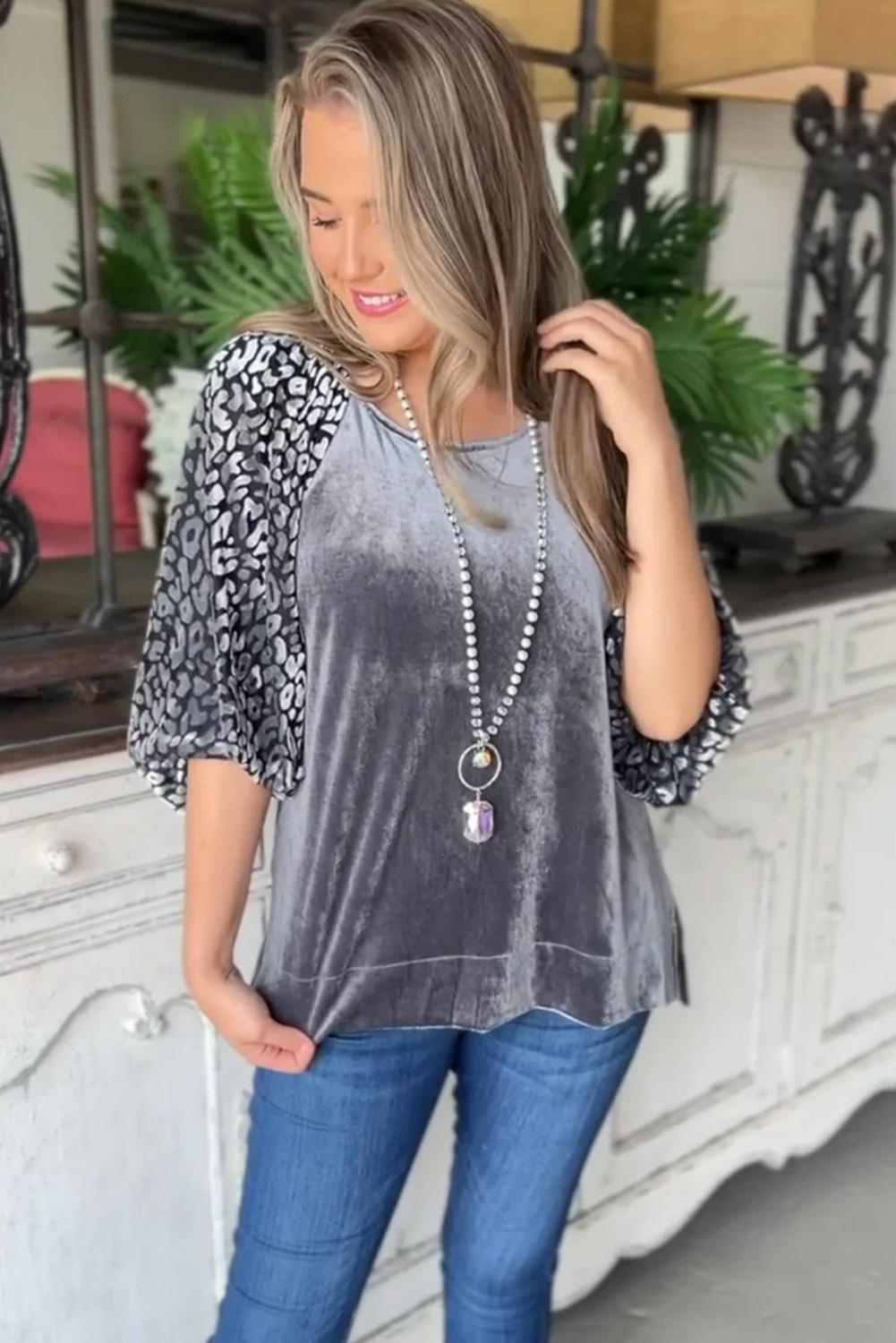 Women's Grey Velvet Top, Stylish Leopard Lantern Sleeve Shirt - Detail View 3 Women's Grey Velvet Top, Stylish Leopard Lantern Sleeve Shirt - Detail View 3