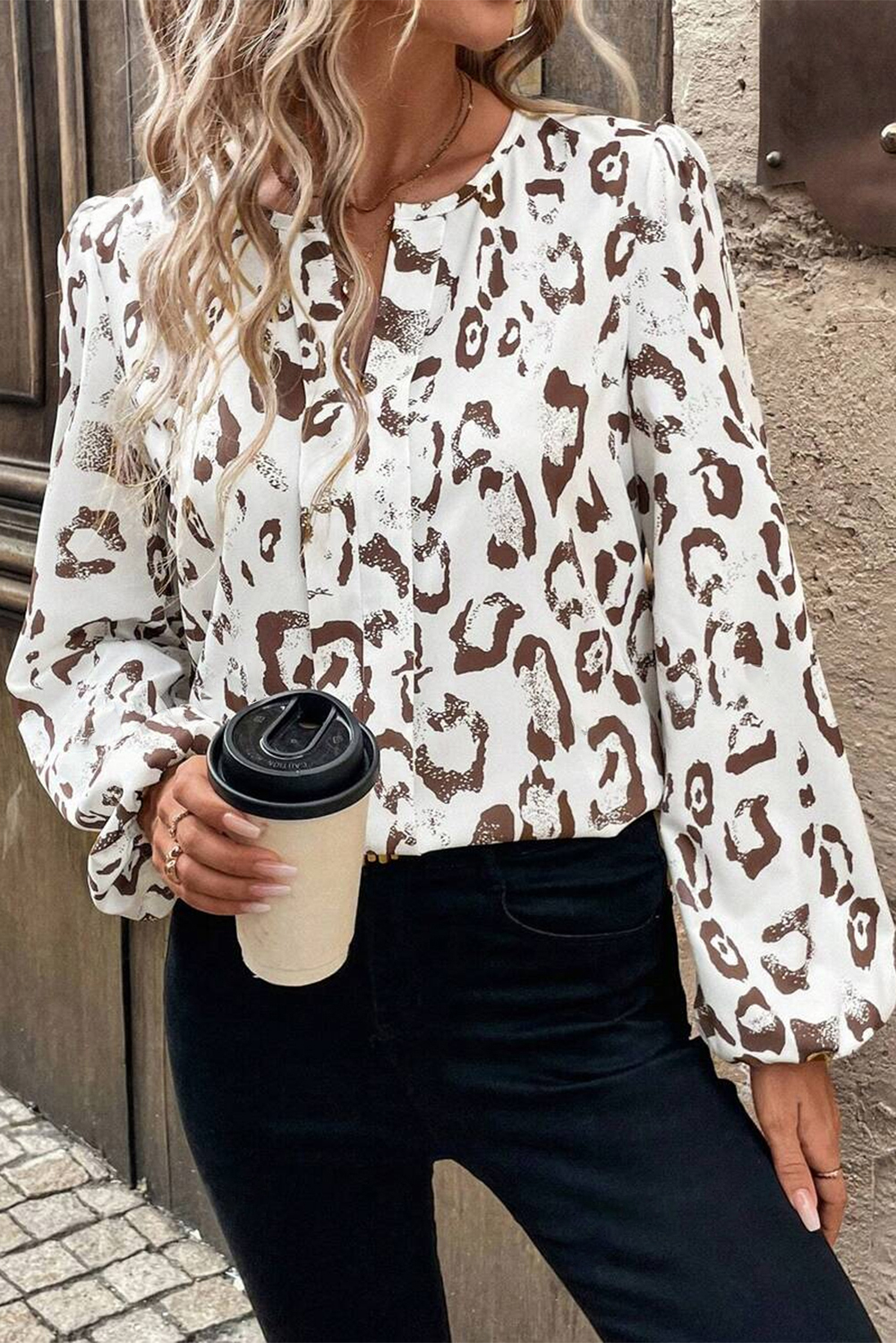 Women's Blouse, Khaki Leopard Print, Balloon Sleeve, Split Neck, Elegant Style, Daily Wear, Long Sleeve, Flattering V Neck, Cozy Wear, Fall Fashion, Versatile Outfit, Tops, Blouses & Shirts, Polyester Material, Shift Silhouette - Detail View 4 Women's Blouse, Khaki Leopard Print, Balloon Sleeve, Split Neck, Elegant Style, Daily Wear, Long Sleeve, Flattering V Neck, Cozy Wear, Fall Fashion, Versatile Outfit, Tops, Blouses & Shirts, Polyester Material, Shift Silhouette - Detail View 4
