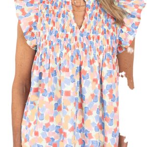 Women's Pink Abstract Printed Blouse with Shirred Yoke and Ruffled Sleeves - Main View