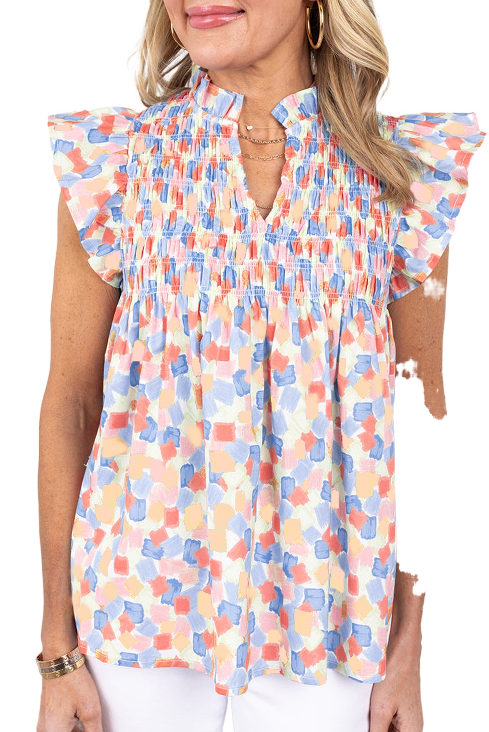 Women's Pink Abstract Printed Blouse with Shirred Yoke and Ruffled Sleeves - Main View Women's Pink Abstract Printed Blouse with Shirred Yoke and Ruffled Sleeves - Main View