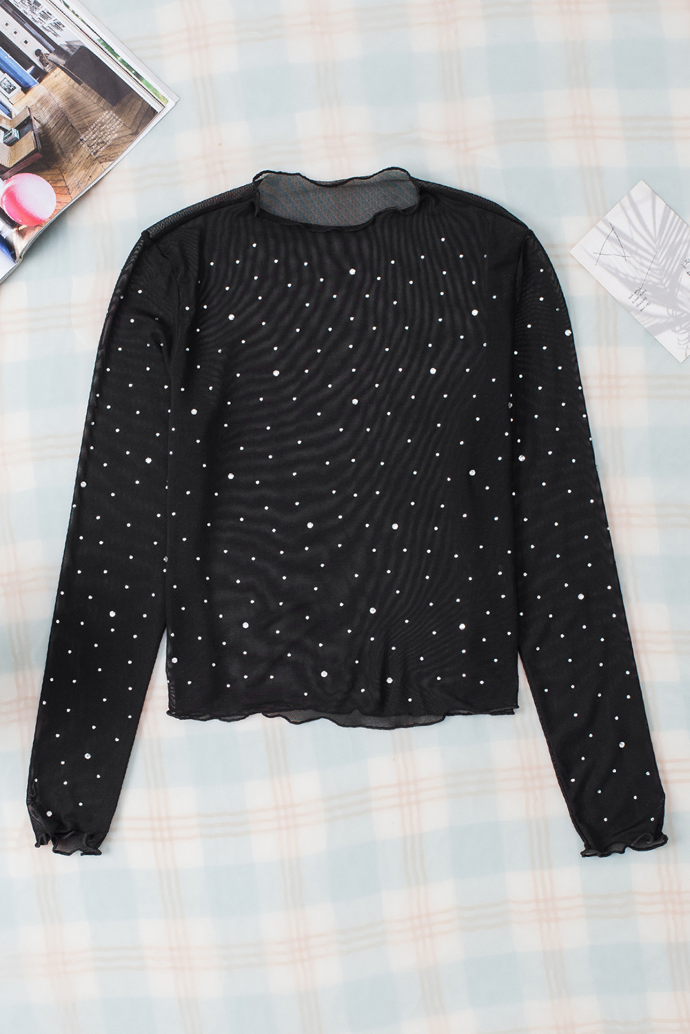 Black Sheer Mesh Blouse, Rhinestone Slim Fit Nightclub Top - Detail View 8 Black Sheer Mesh Blouse, Rhinestone Slim Fit Nightclub Top - Detail View 8