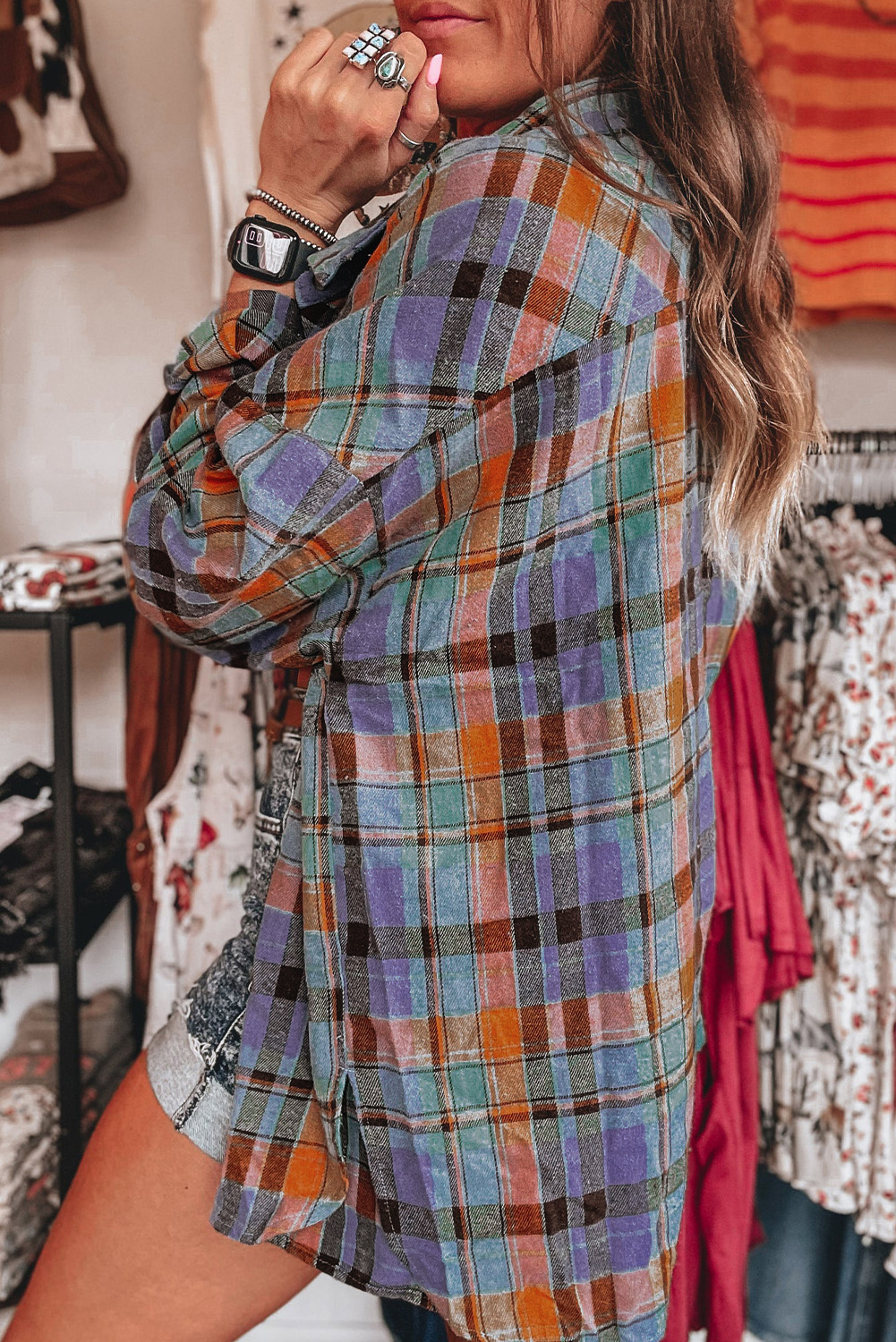 Classic Long Sleeve Plaid Shirt: Retro Charm in Orange - Detail View 2 Classic Long Sleeve Plaid Shirt: Retro Charm in Orange - Detail View 2