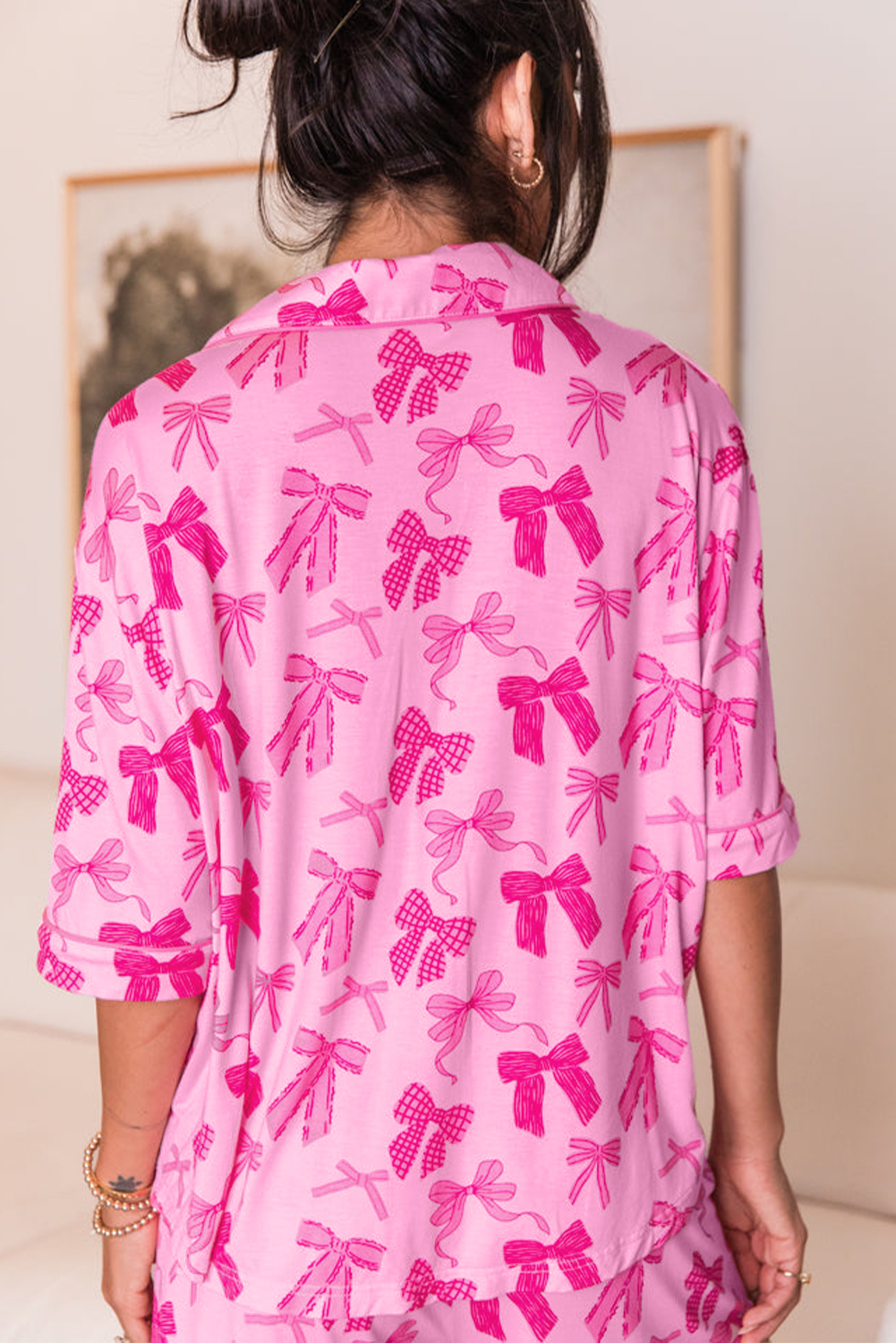 Charming Pajama Set for Women - Cute Bow Print with Half Sleeves and Shorts - Detail View 2 Charming Pajama Set for Women - Cute Bow Print with Half Sleeves and Shorts - Detail View 2