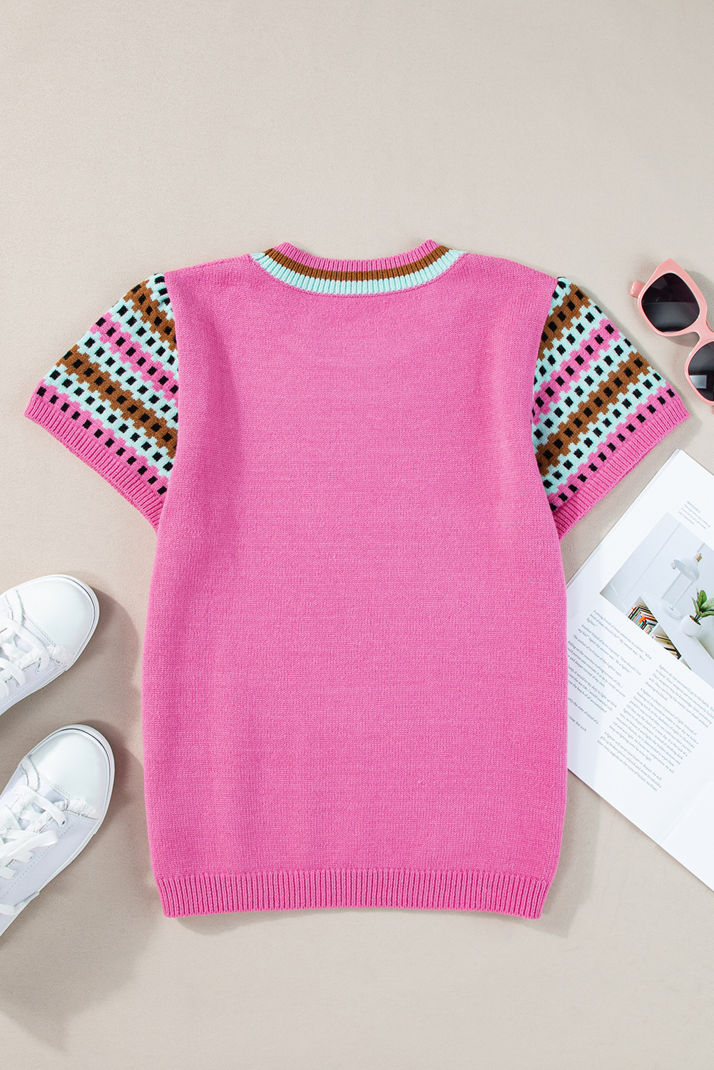 Chic Contrast Printed Sweater: Bright Pink Colorblock Cap Sleeves Crewneck - Detail View 7 Chic Contrast Printed Sweater: Bright Pink Colorblock Cap Sleeves Crewneck - Detail View 7