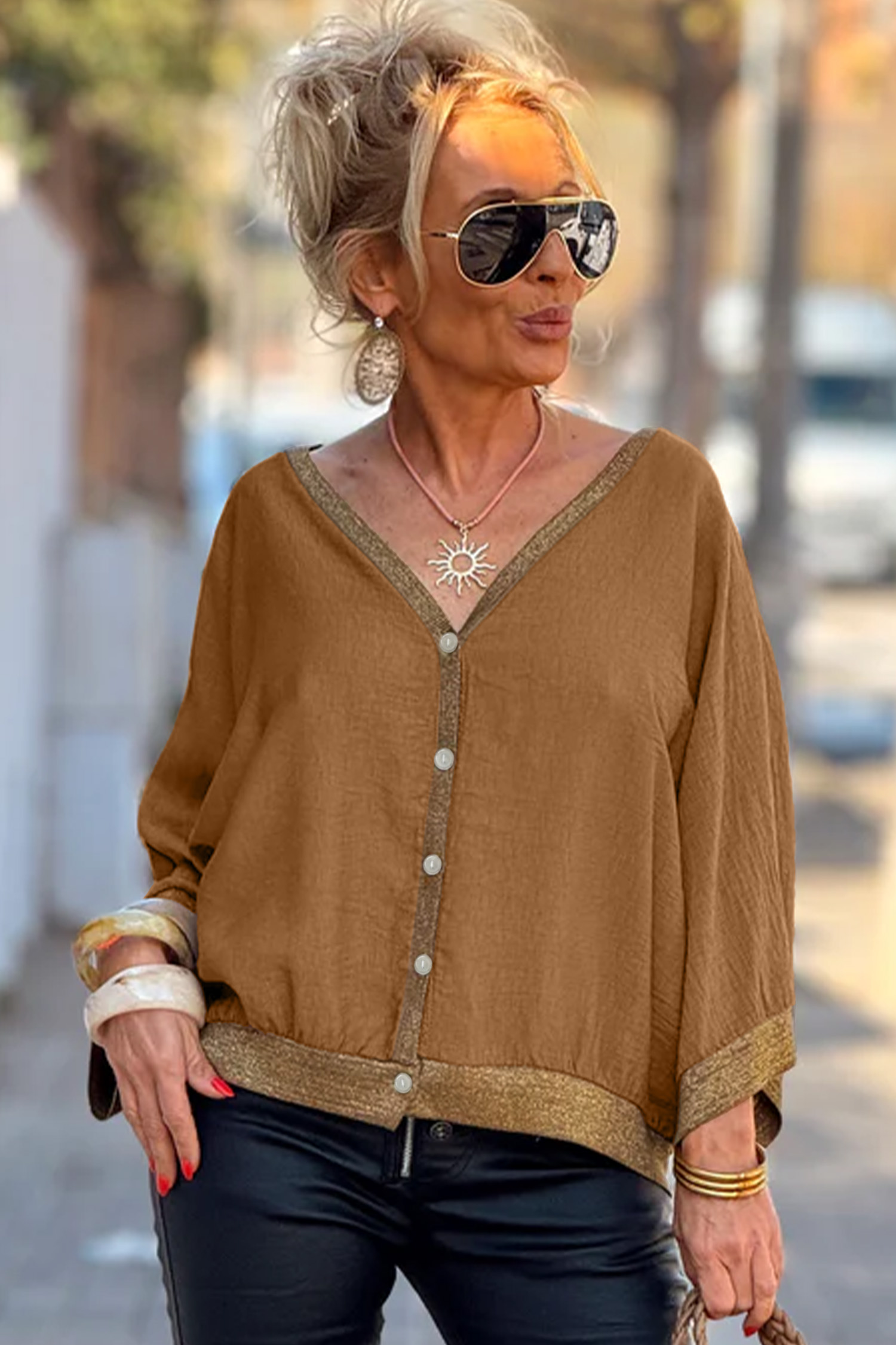 Elegant Glitter Detail Blouse, Women's Casual Bracelet Sleeve - Detail View 5 Elegant Glitter Detail Blouse, Women's Casual Bracelet Sleeve - Detail View 5