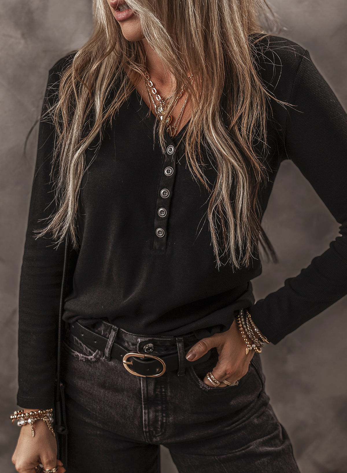Soft Cotton Blend Henley, Women's Solid Daily Ribbed Tee - Detail View 6 Soft Cotton Blend Henley, Women's Solid Daily Ribbed Tee - Detail View 6
