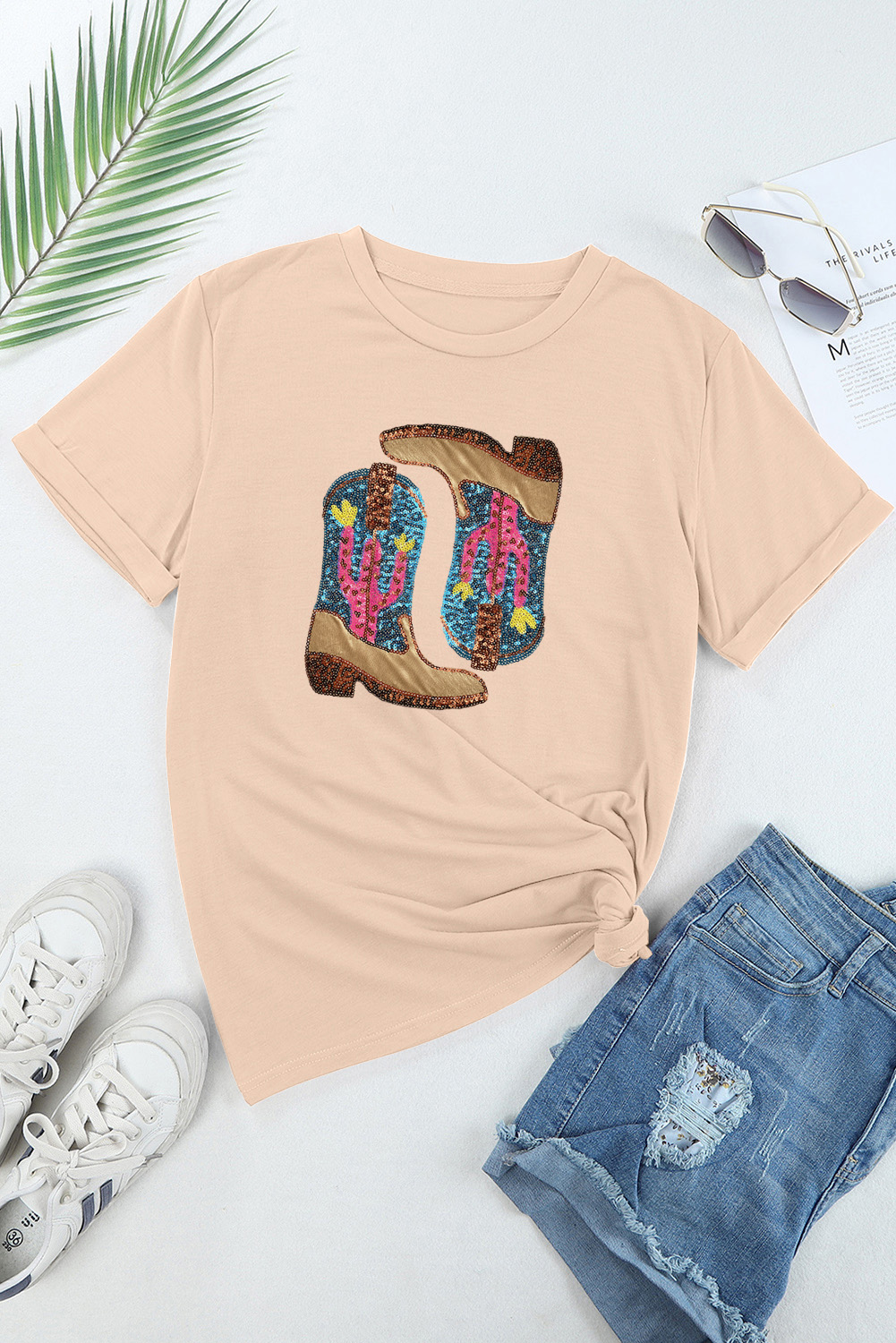 Women's Western Graphic Tee, Khaki Sequin Boot Print Top - Detail View 7 Women's Western Graphic Tee, Khaki Sequin Boot Print Top - Detail View 7