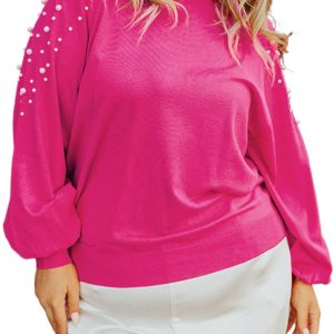 Women's Strawberry Pink Pearled Decor Raglan Sleeve Plus Size Sweater - Main View