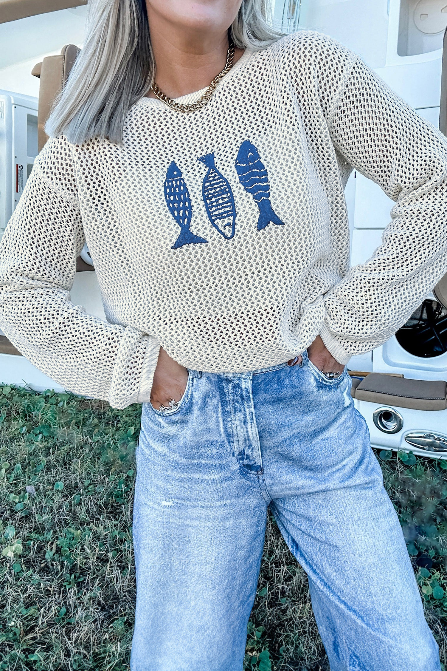 Women's Round Neck Crochet Sweater, Long Sleeve Knit Top - Detail View 3 Women's Round Neck Crochet Sweater, Long Sleeve Knit Top - Detail View 3
