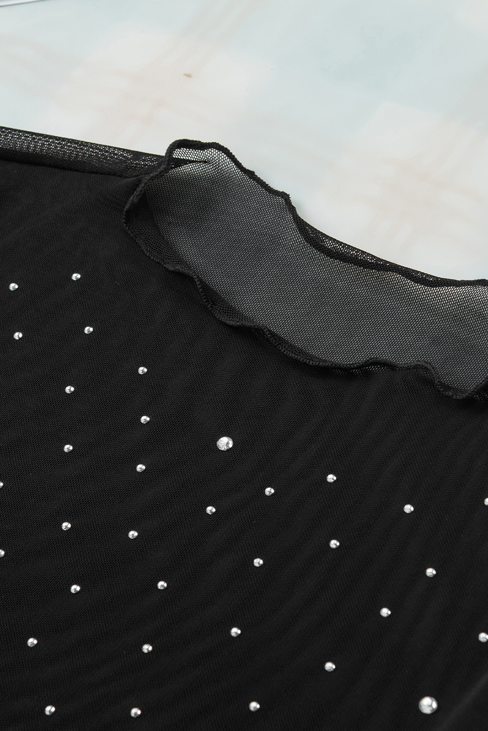Black Sheer Mesh Blouse, Rhinestone Slim Fit Nightclub Top - Detail View 11 Black Sheer Mesh Blouse, Rhinestone Slim Fit Nightclub Top - Detail View 11