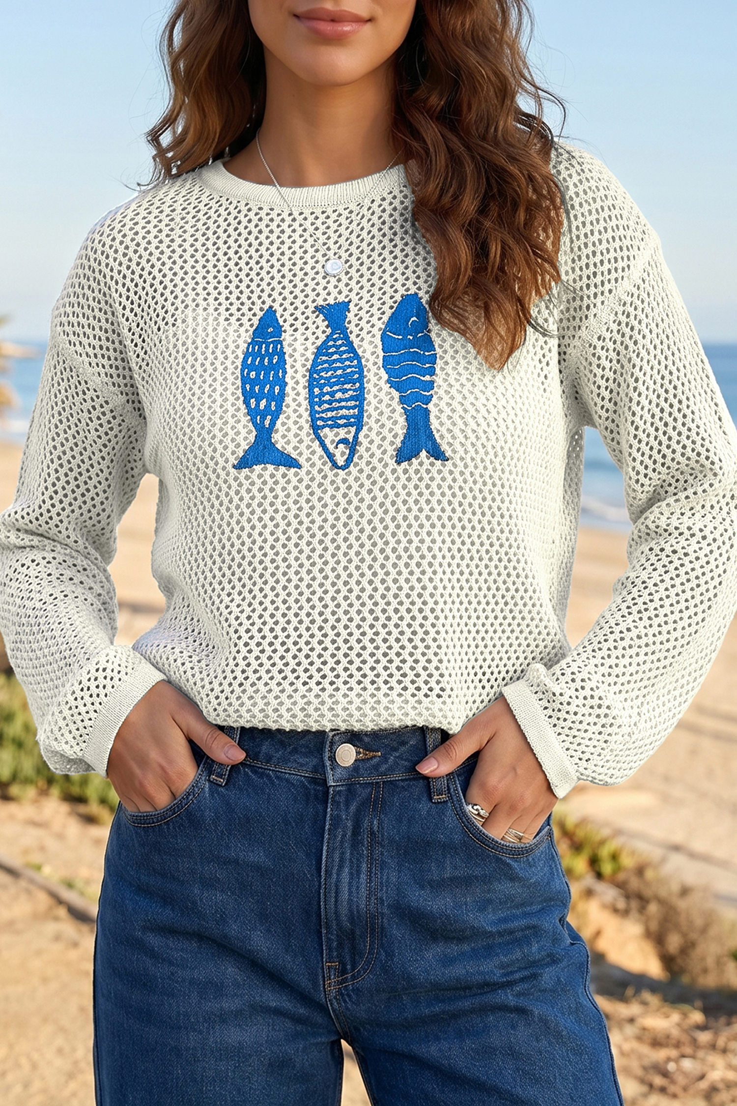 Women's Round Neck Crochet Sweater, Long Sleeve Knit Top - Detail View 9 Women's Round Neck Crochet Sweater, Long Sleeve Knit Top - Detail View 9