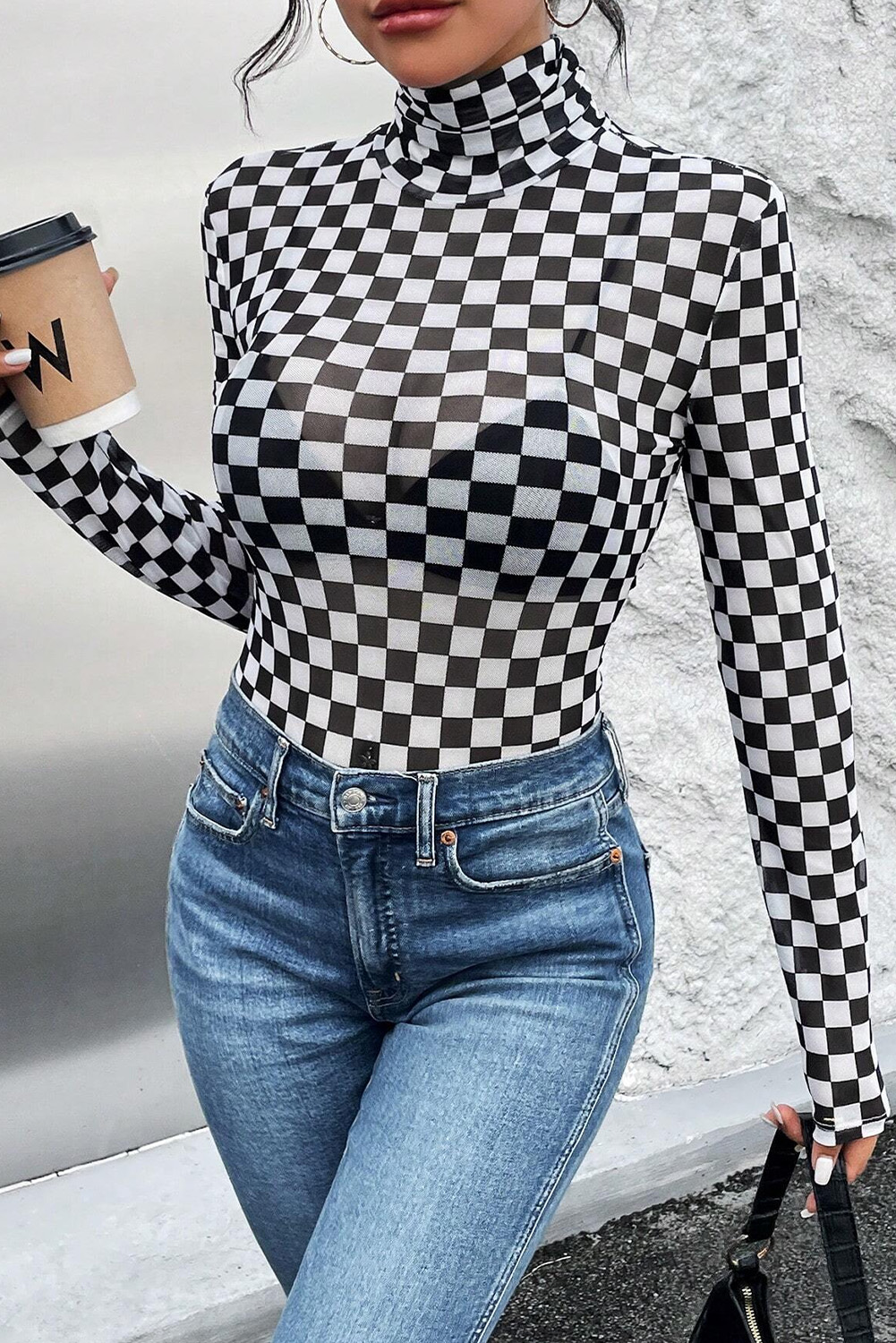 Women's Black Checkered High Neck Long Sleeve Bodysuit - Detail View 6 Women's Black Checkered High Neck Long Sleeve Bodysuit - Detail View 6