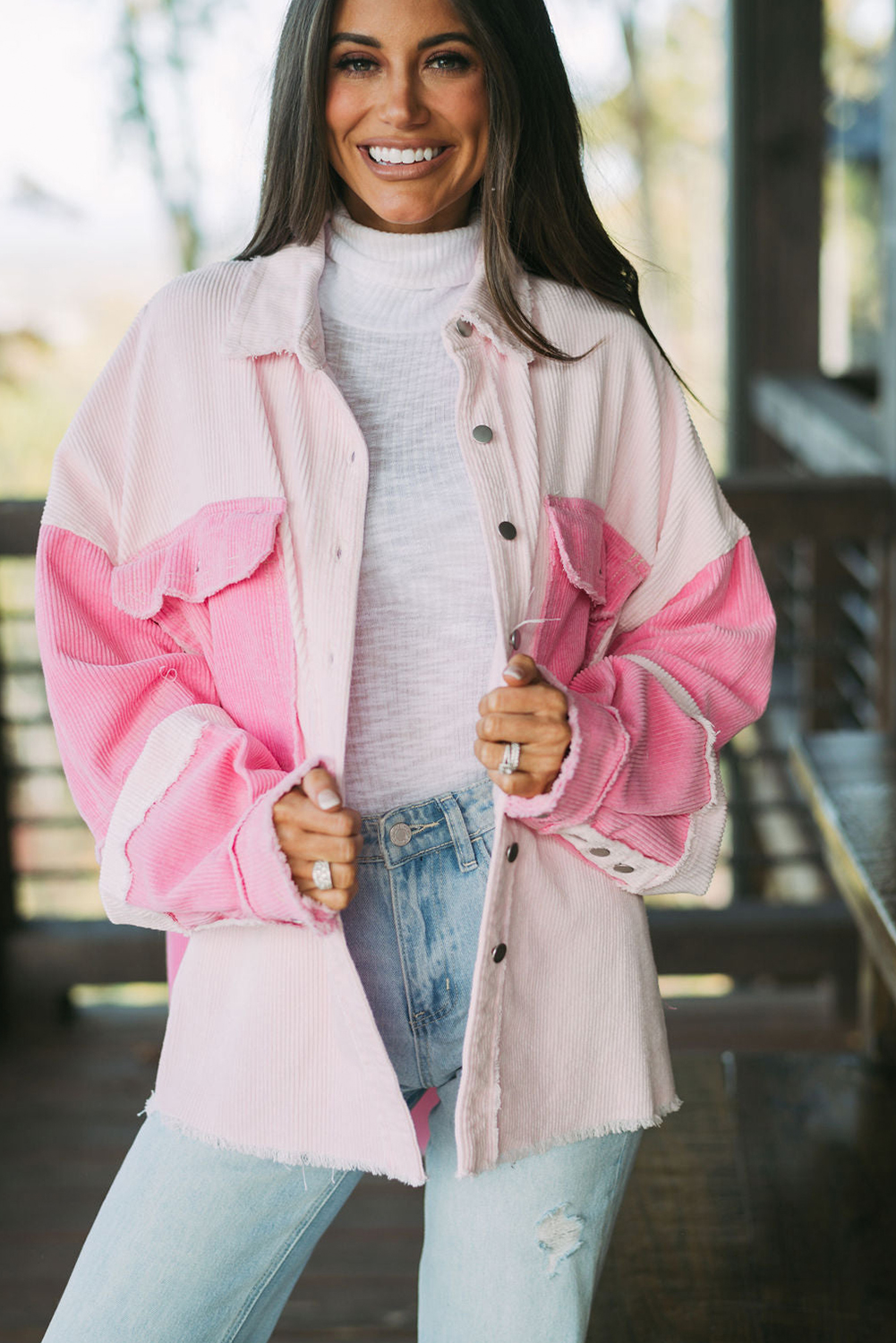 Add a modern twist to your outerwear collection with this Women's Delicacy Two-Tone Color Exposed Seam Corduroy Shacket. The two-tone color blocking design adds a contemporary touch, while the exposed seams enhance the garment's structural appeal. Made from premium 100% cotton corduroy fabric, this shacket offers a soft texture and provides a warm layer for transitional weather. The long sleeves and turn-down collar add to the casual yet stylish vibe of the shacket. Pair it with jeans or leggings for a chic and layered look, suitable for casual or smart casual settings. The patchwork and color block pattern exude a trendy and fashionable look. This shacket is a versatile addition to your winter wardrobe, offering both style and comfort. - Detail View 4 Add a modern twist to your outerwear collection with this Women's Delicacy Two-Tone Color Exposed Seam Corduroy Shacket. The two-tone color blocking design adds a contemporary touch, while the exposed seams enhance the garment's structural appeal. Made from premium 100% cotton corduroy fabric, this shacket offers a soft texture and provides a warm layer for transitional weather. The long sleeves and turn-down collar add to the casual yet stylish vibe of the shacket. Pair it with jeans or leggings for a chic and layered look, suitable for casual or smart casual settings. The patchwork and color block pattern exude a trendy and fashionable look. This shacket is a versatile addition to your winter wardrobe, offering both style and comfort. - Detail View 4