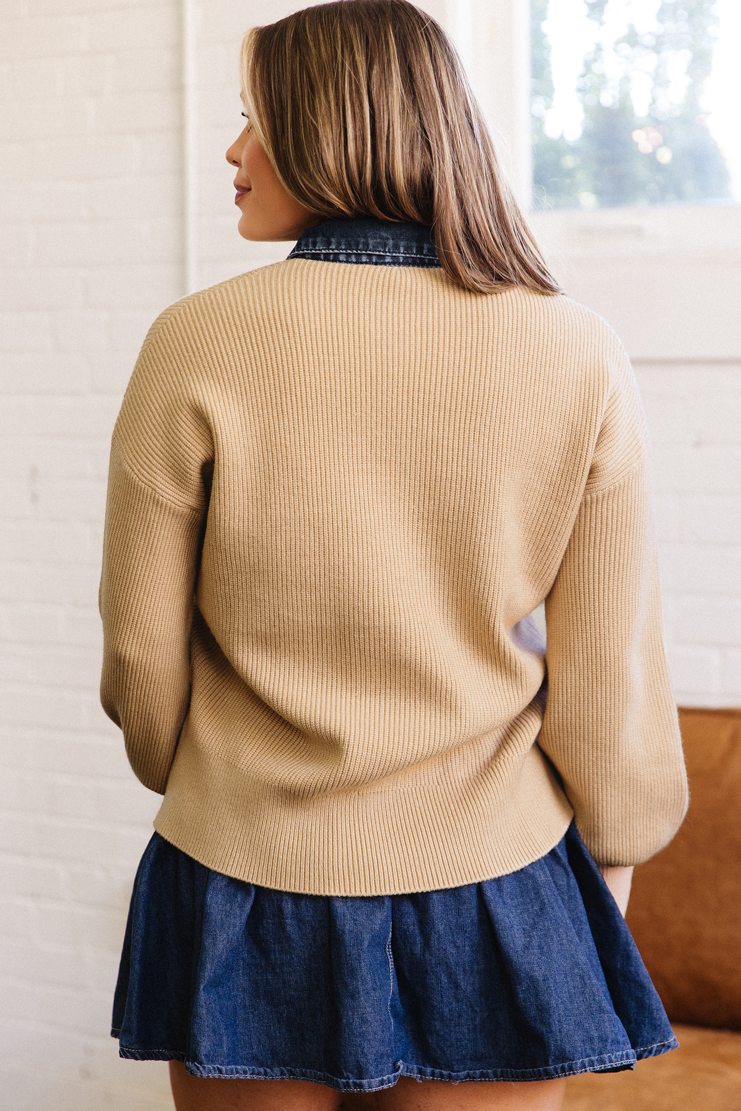 Women's Contrast Panel Cardigan, Chic Shirt Collar Sweater - Detail View 2 Women's Contrast Panel Cardigan, Chic Shirt Collar Sweater - Detail View 2