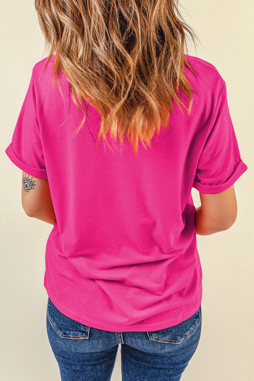 Solid Rose Red Crew Neck Top, Women's Casual Summer Tee - Detail View 2 Solid Rose Red Crew Neck Top, Women's Casual Summer Tee - Detail View 2