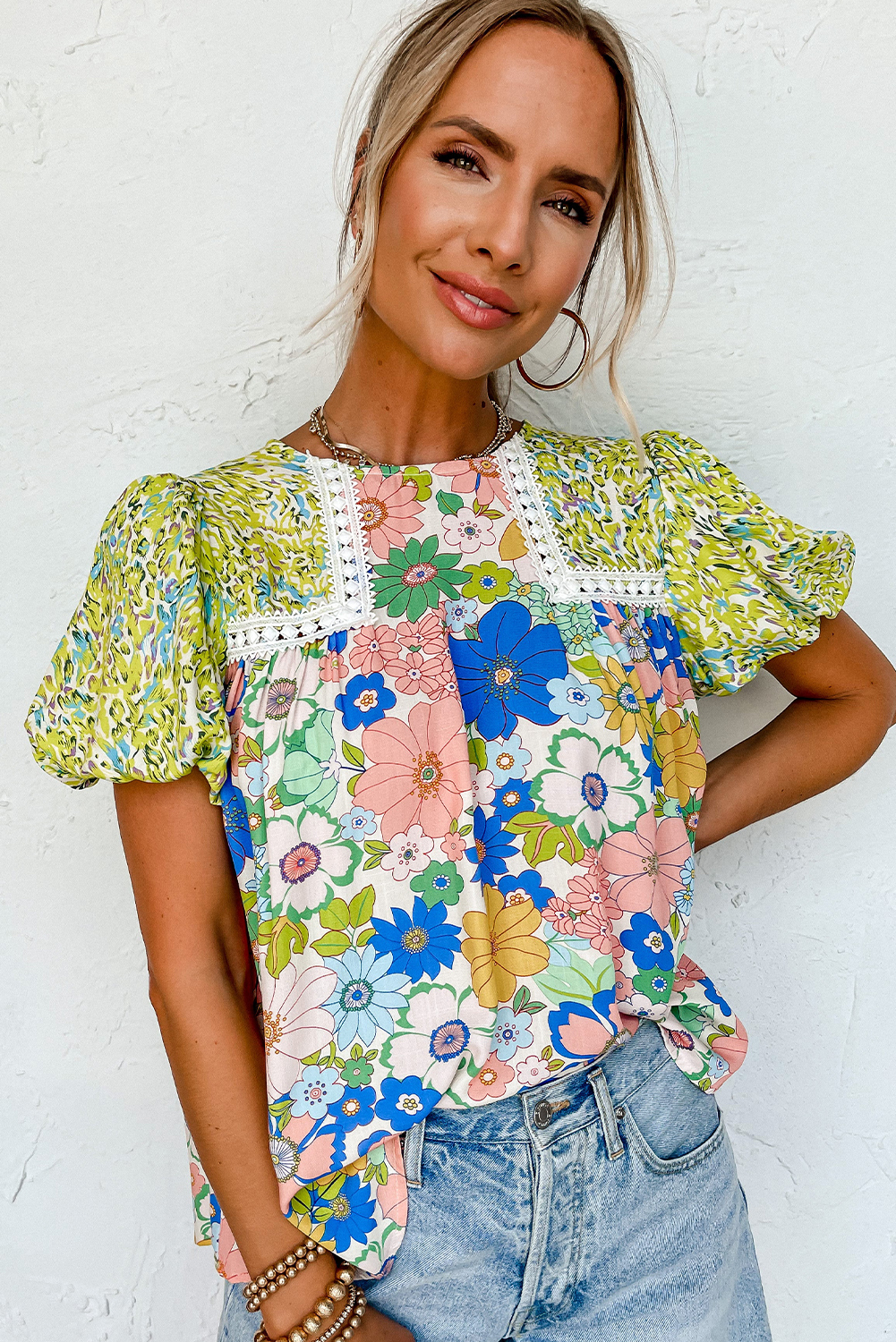 Floral Round Neck Puff Sleeve Blouse, Women's Daily Shift Top - Detail View 6 Floral Round Neck Puff Sleeve Blouse, Women's Daily Shift Top - Detail View 6