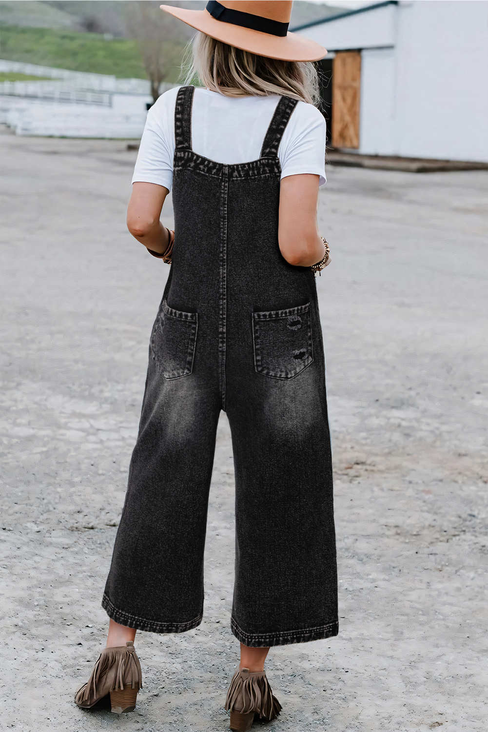 Trendy Wide Leg Jumpsuit for Women - Distressed Denim with Practical Pocket - Detail View 2 Trendy Wide Leg Jumpsuit for Women - Distressed Denim with Practical Pocket - Detail View 2
