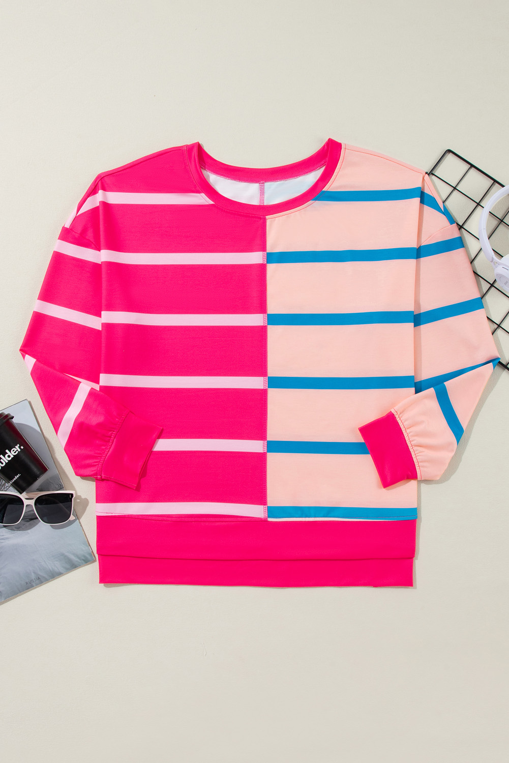 Women's Plus Size Rose Stripe Color Block Crewneck Long Sleeve T-Shirt - Detail View 6 Women's Plus Size Rose Stripe Color Block Crewneck Long Sleeve T-Shirt - Detail View 6