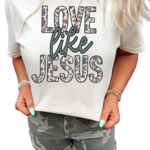 Women's Love Like Jesus T-Shirt, Casual Camo Print Graphic - Main View