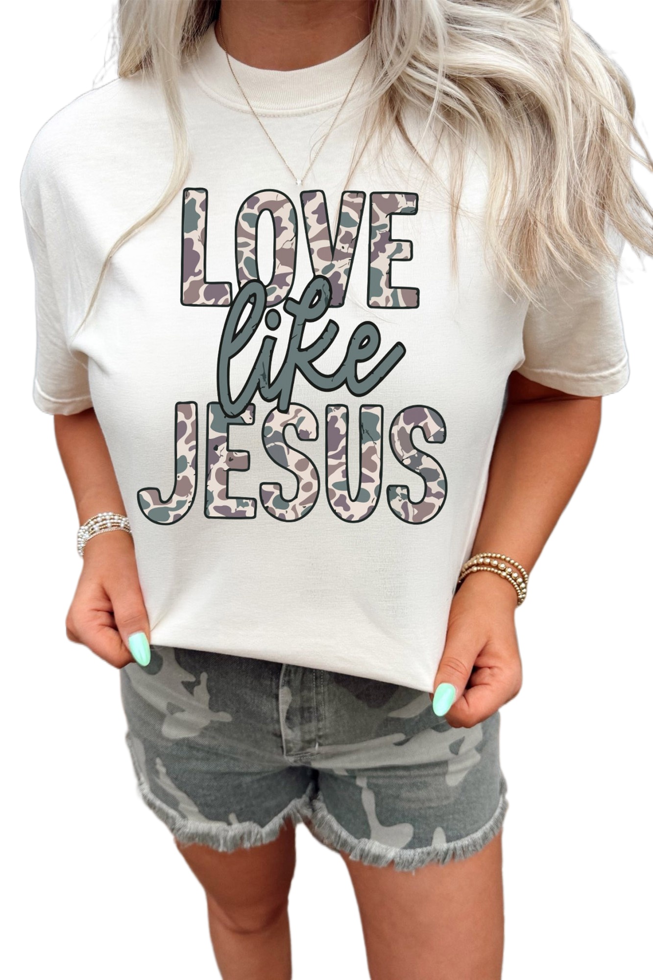 Women's Love Like Jesus T-Shirt, Casual Camo Print Graphic - Main View Women's Love Like Jesus T-Shirt, Casual Camo Print Graphic - Main View