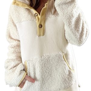 Women's Cozy Beige Fleece Colorblock Trim Sweatshirt with Buttons and Pocket - Main View
