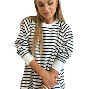Women's Black Stripe Raglan Sleeve Loose Fit Sweatshirt with Side Slits - Main View
