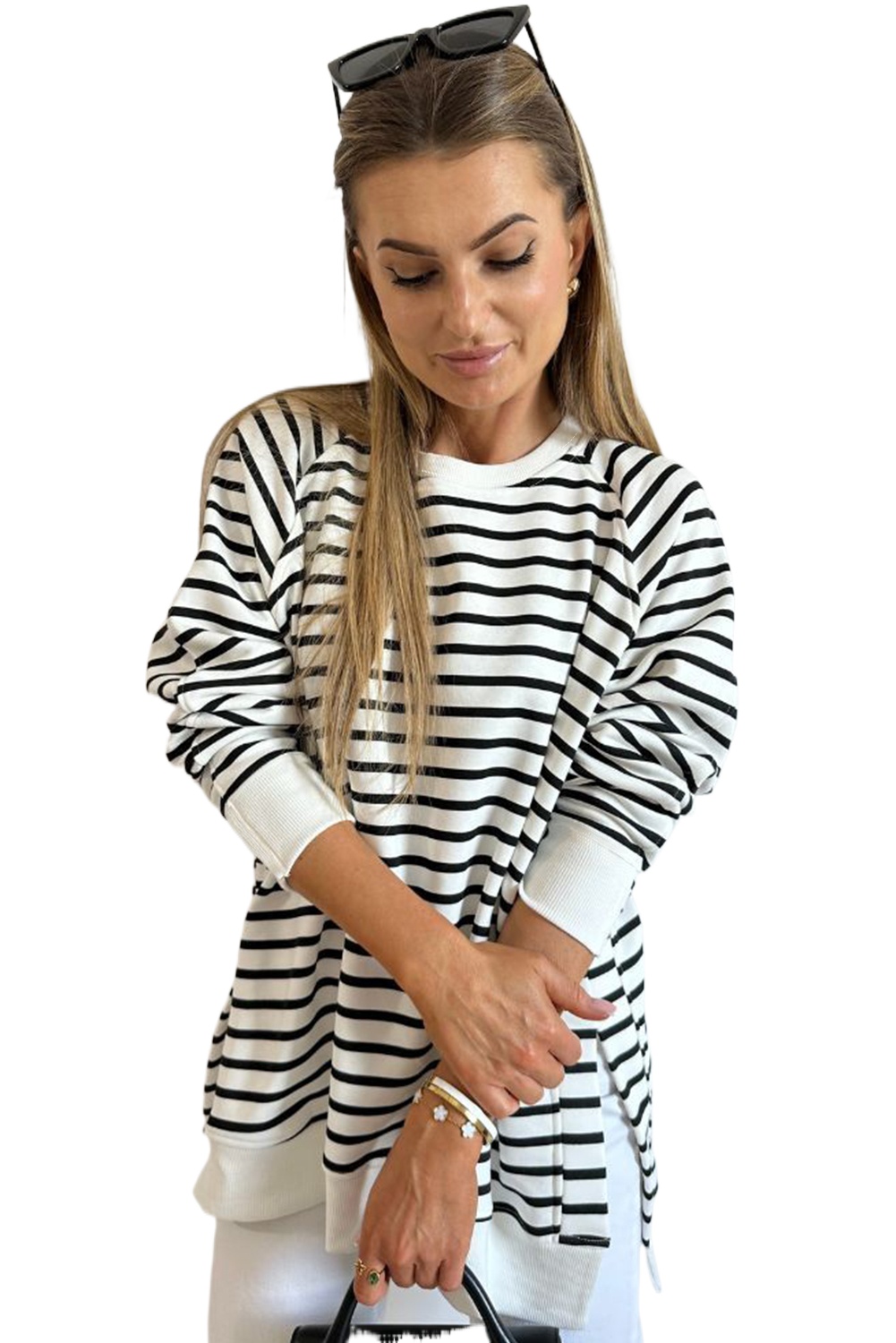 Women's Black Stripe Raglan Sleeve Loose Fit Sweatshirt with Side Slits - Main View Women's Black Stripe Raglan Sleeve Loose Fit Sweatshirt with Side Slits - Main View